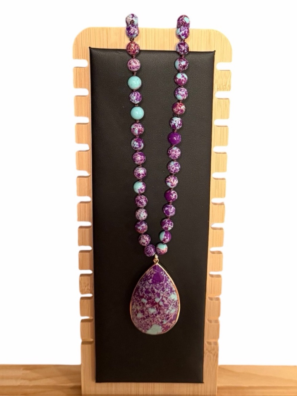 Bohemian Purple and Turquoise Long Beaded Necklace With Teardrop Pendant NWOT